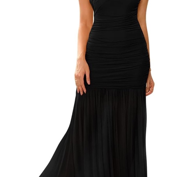 Amazon Elegant Long Dress One Shoulder Sleeveless Ruched Bodycon Evening Dress - Picture 2 of 8